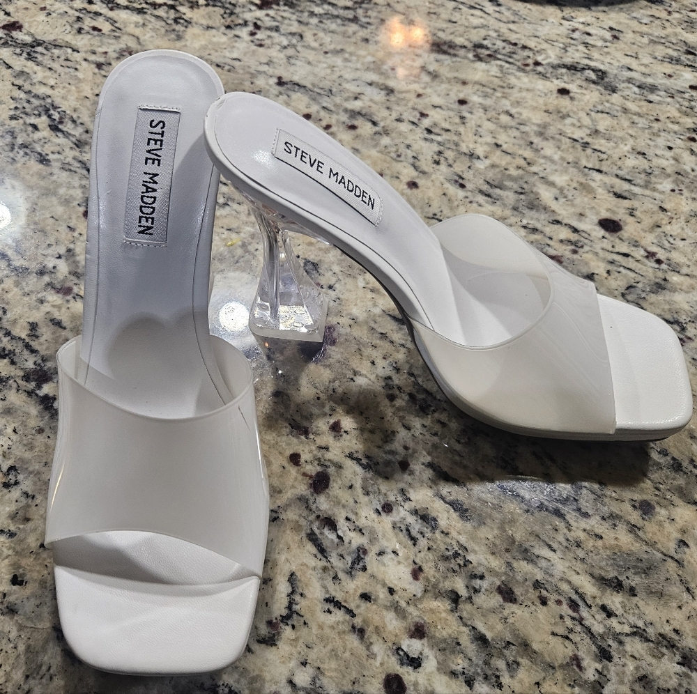 Steve Madden LIPA White Clear Lucite Flared Heel Sandals Mule Women's Size 8.5 M